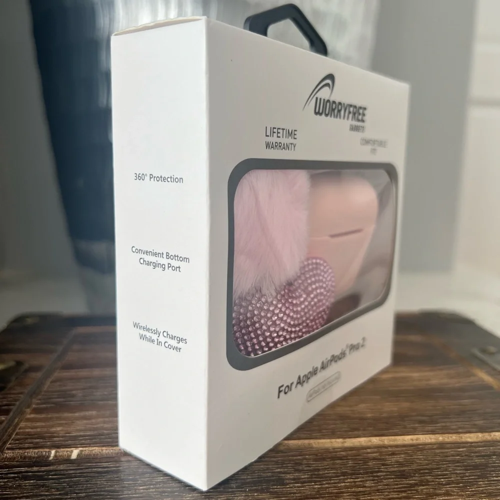 Apple AirPods Pro 2 Silicone Case with Bling Heart and Fur Pom- Pink
